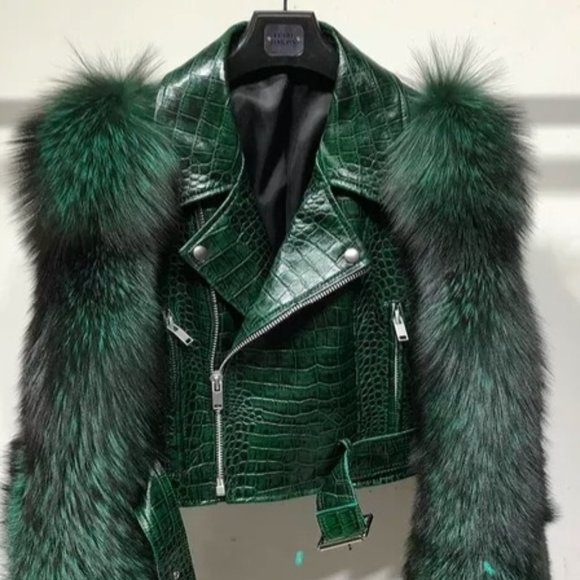 Crop Croc leather jacket with Real Fox Fur sleeves